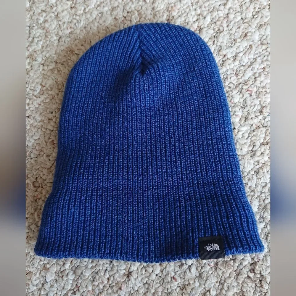 The North Face Blue Knit Logo Cuffed Beanie for youth